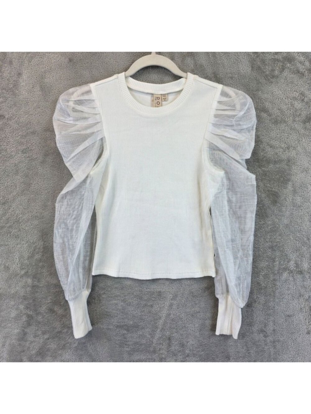 Dolan Left Coast Collection Top Womens XS Petites White Sheer Puff Sleeve Blouse